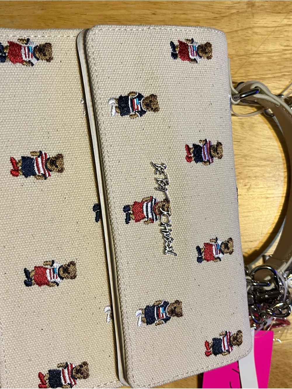 Betsey Johnson Beige Canvas Crossbody with Embroidered Bears